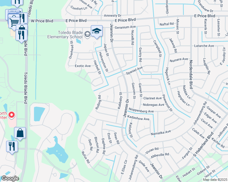 map of restaurants, bars, coffee shops, grocery stores, and more near 2493 Kalani Street in North Port