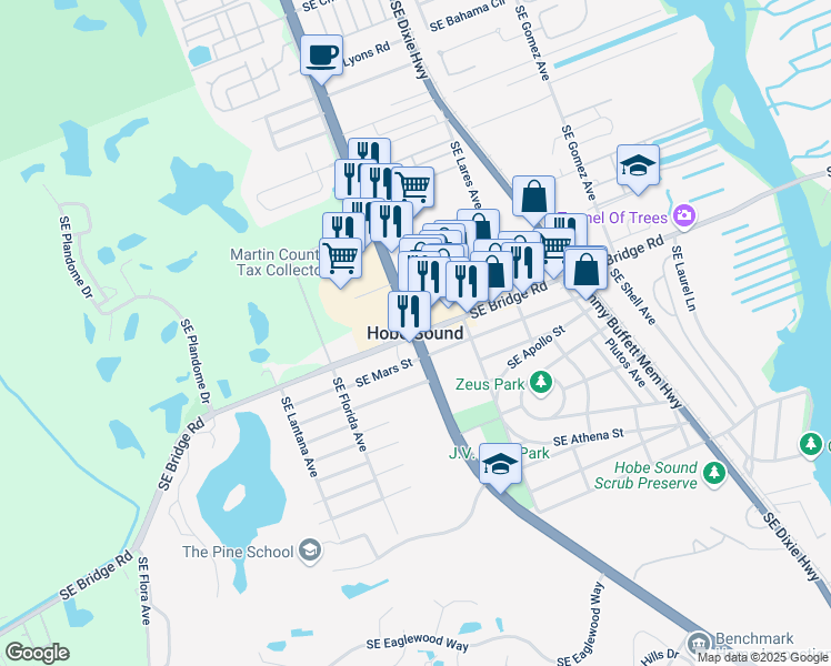 map of restaurants, bars, coffee shops, grocery stores, and more near in Hobe Sound