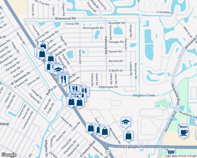 map of restaurants, bars, coffee shops, grocery stores, and more near 3151 Hercules Road in Venice