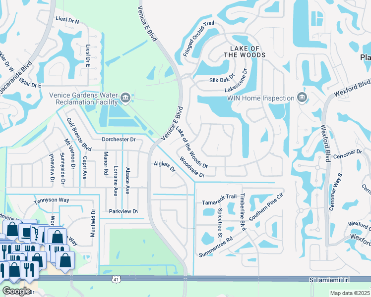 map of restaurants, bars, coffee shops, grocery stores, and more near 417 Lake of the Woods Drive in Venice