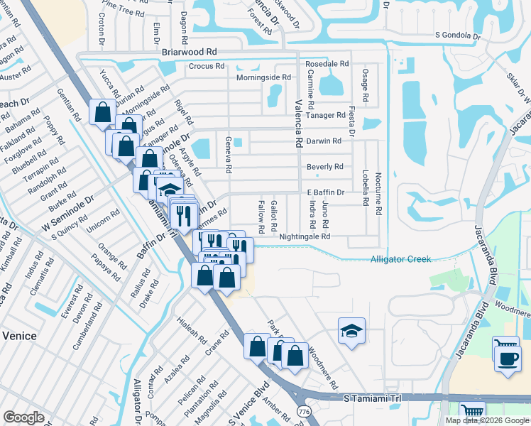 map of restaurants, bars, coffee shops, grocery stores, and more near 3149 Fallow Road in Venice