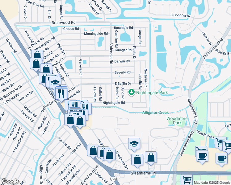 map of restaurants, bars, coffee shops, grocery stores, and more near 3156 Indra Road in Venice