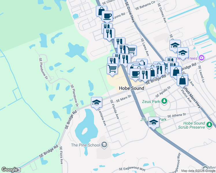map of restaurants, bars, coffee shops, grocery stores, and more near 11765 Southeast Florida Avenue in Hobe Sound