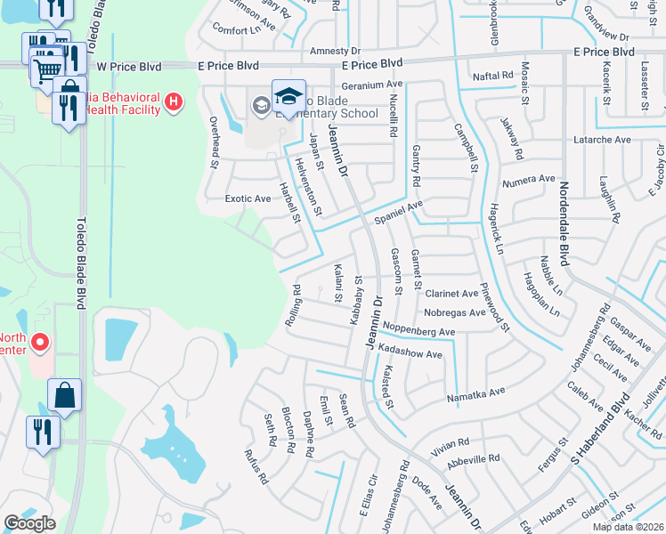 map of restaurants, bars, coffee shops, grocery stores, and more near 2197 Rolling Road in North Port