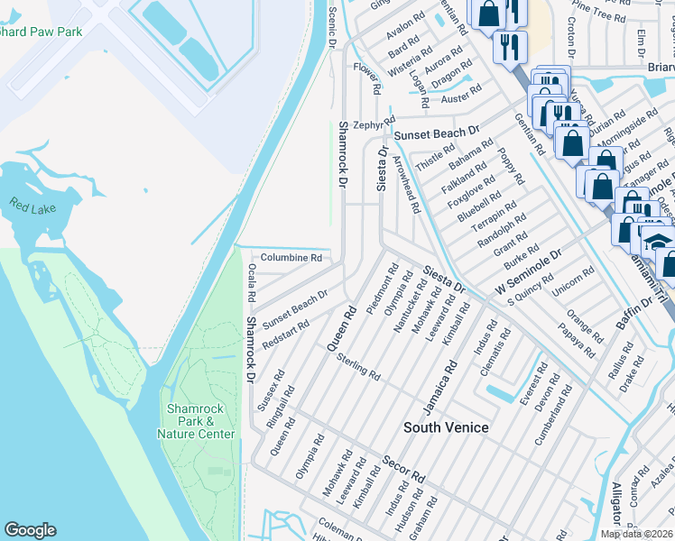 map of restaurants, bars, coffee shops, grocery stores, and more near 3231 Shamrock Drive in Venice