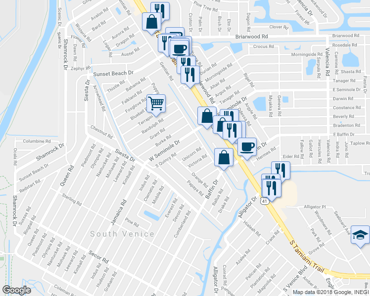 map of restaurants, bars, coffee shops, grocery stores, and more near 340 South Quincy Road in Venice