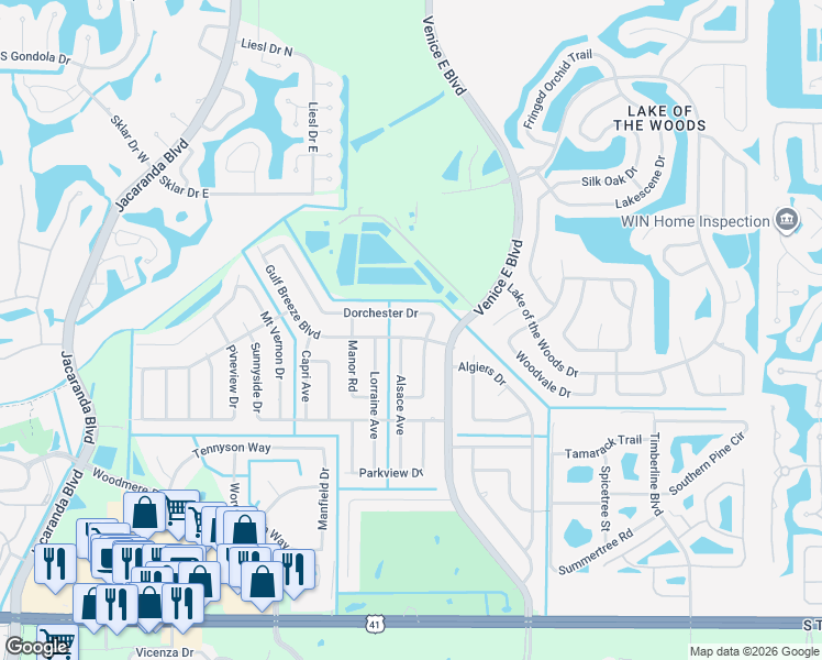 map of restaurants, bars, coffee shops, grocery stores, and more near 311 Dorchester Drive in Venice