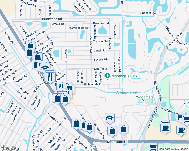 map of restaurants, bars, coffee shops, grocery stores, and more near 3156 Indra Road in Venice