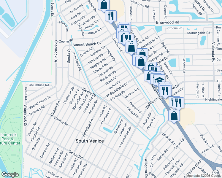 map of restaurants, bars, coffee shops, grocery stores, and more near 440 West Seminole Drive in Venice