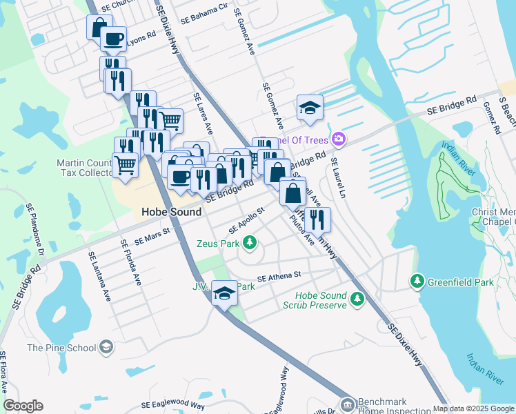 map of restaurants, bars, coffee shops, grocery stores, and more near 9141 Southeast Apollo Street in Hobe Sound