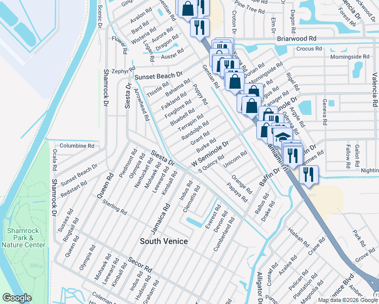 map of restaurants, bars, coffee shops, grocery stores, and more near 550 Burke Road in Venice