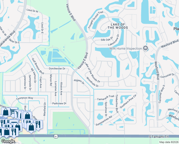 map of restaurants, bars, coffee shops, grocery stores, and more near 500 Cedarwood Lane in Venice