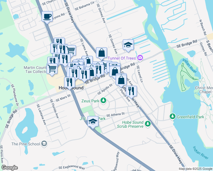 map of restaurants, bars, coffee shops, grocery stores, and more near 9141 Southeast Apollo Street in Hobe Sound