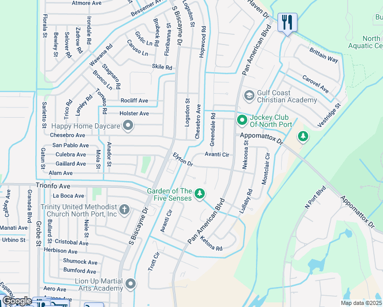 map of restaurants, bars, coffee shops, grocery stores, and more near 3375 Avanti Circle in North Port