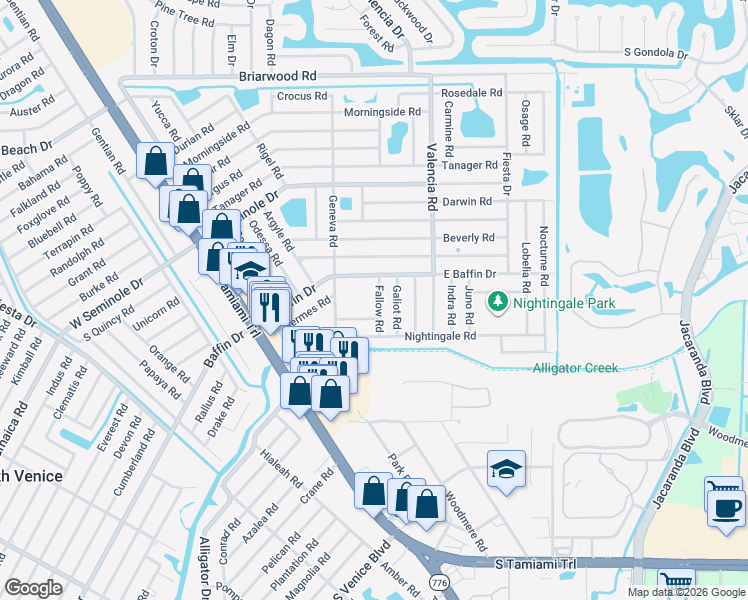 map of restaurants, bars, coffee shops, grocery stores, and more near 3149 Fallow Road in Venice