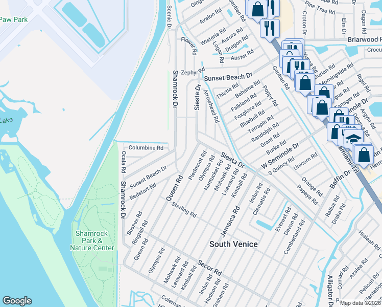 map of restaurants, bars, coffee shops, grocery stores, and more near 930 Queen Road in Venice