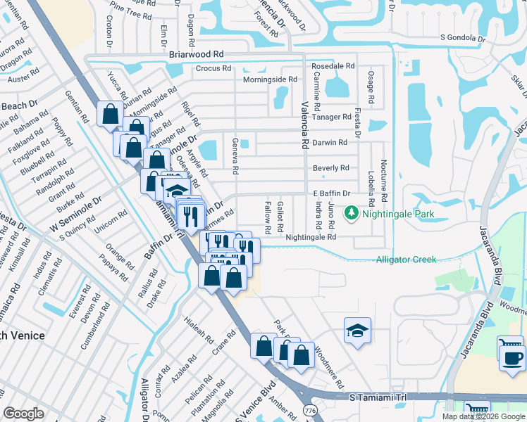 map of restaurants, bars, coffee shops, grocery stores, and more near 3149 Fallow Road in Venice