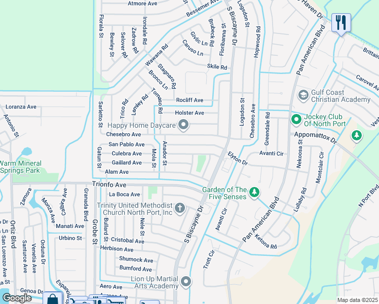 map of restaurants, bars, coffee shops, grocery stores, and more near 8210 Lombra Avenue in North Port