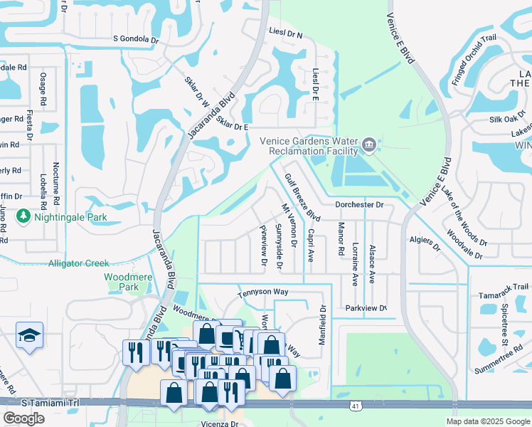 map of restaurants, bars, coffee shops, grocery stores, and more near 479 Sunnyside Dr in Venice