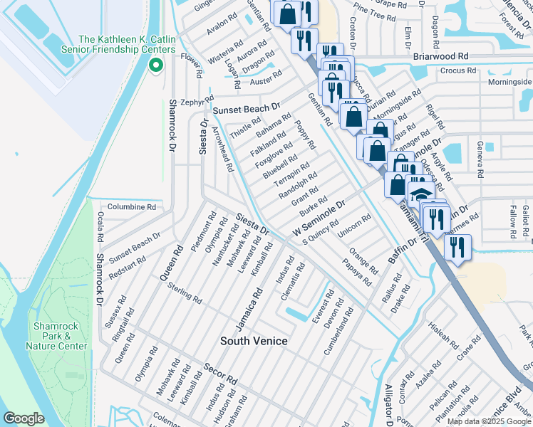 map of restaurants, bars, coffee shops, grocery stores, and more near 3181 Quincy Road in Venice