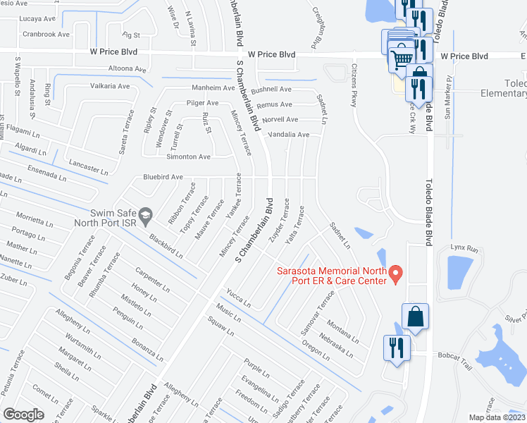 map of restaurants, bars, coffee shops, grocery stores, and more near 2083 South Chamberlain Boulevard in North Port