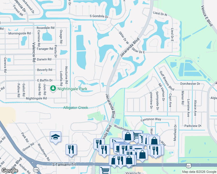 map of restaurants, bars, coffee shops, grocery stores, and more near Jacaranda Boulevard in Venice