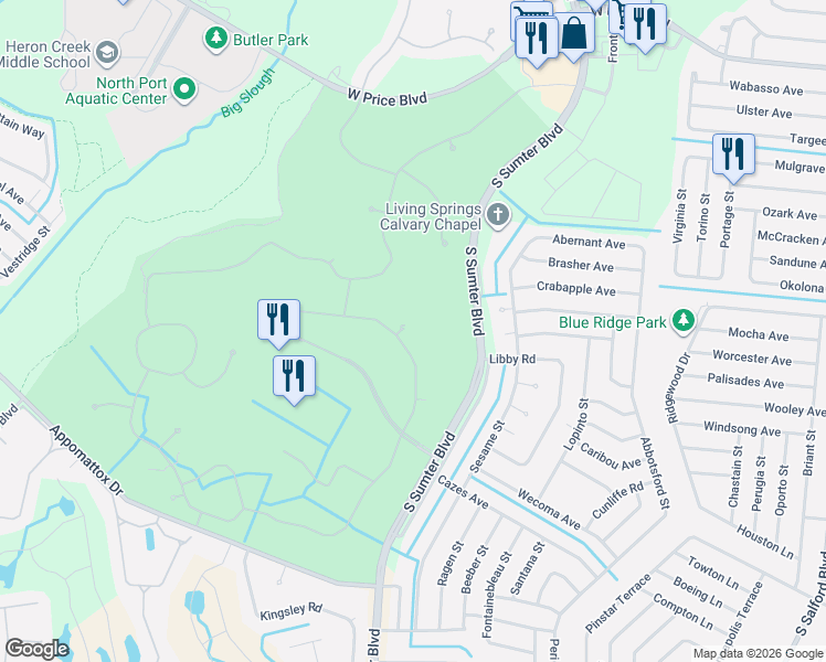 map of restaurants, bars, coffee shops, grocery stores, and more near 3326 Pine Shadow Circle in North Port