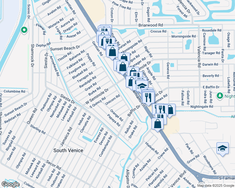map of restaurants, bars, coffee shops, grocery stores, and more near 230 Unicorn Road in Venice
