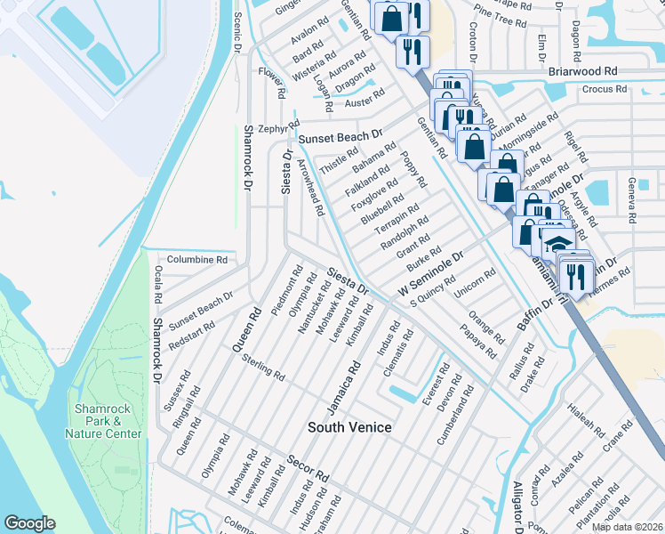 map of restaurants, bars, coffee shops, grocery stores, and more near 3205 Siesta Drive in Venice