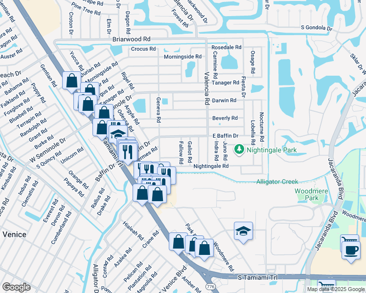map of restaurants, bars, coffee shops, grocery stores, and more near 3149 Fallow Road in Venice