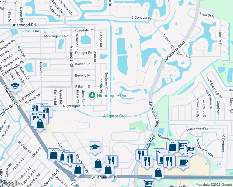 map of restaurants, bars, coffee shops, grocery stores, and more near 939 South Doral Lane in Venice