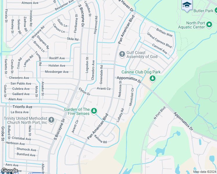 map of restaurants, bars, coffee shops, grocery stores, and more near 3315 Avanti Circle in North Port