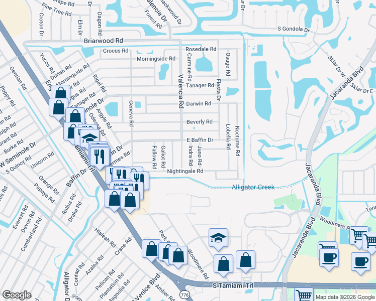 map of restaurants, bars, coffee shops, grocery stores, and more near 3156 Indra Road in Venice