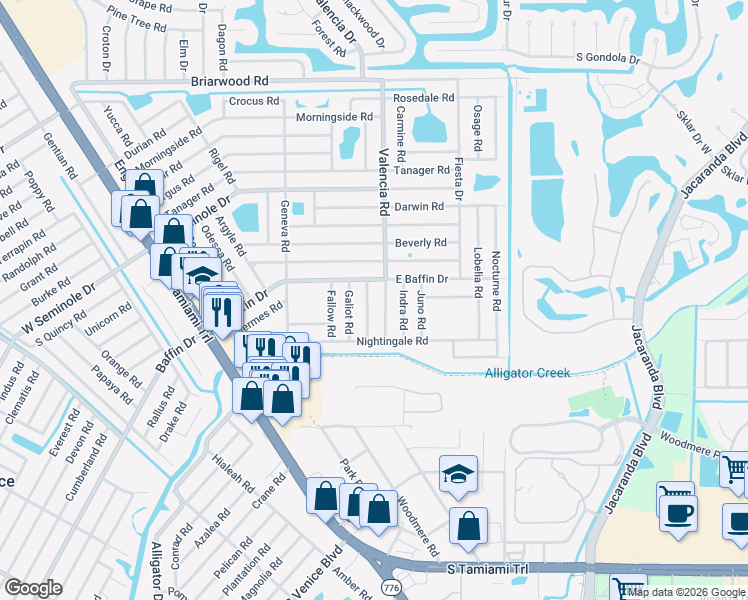 map of restaurants, bars, coffee shops, grocery stores, and more near 3151 Hercules Road in Venice