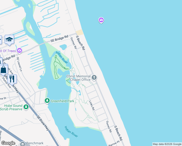 map of restaurants, bars, coffee shops, grocery stores, and more near 44 South Beach Road in Hobe Sound