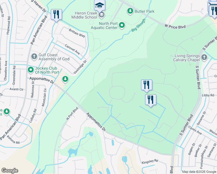 map of restaurants, bars, coffee shops, grocery stores, and more near 5195 Blue Heron Circle in North Port