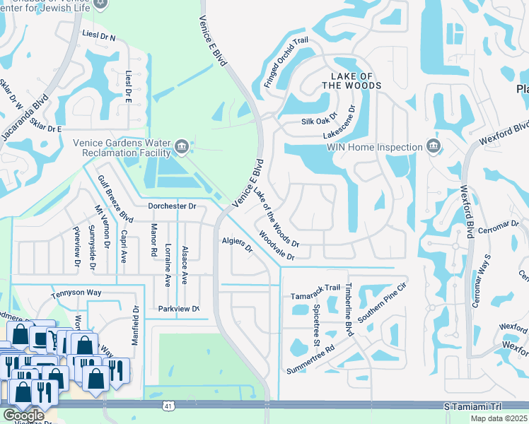 map of restaurants, bars, coffee shops, grocery stores, and more near 315 Woodvale Drive in Venice