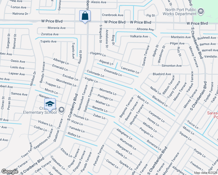 map of restaurants, bars, coffee shops, grocery stores, and more near 2645 Vogler Lane in North Port