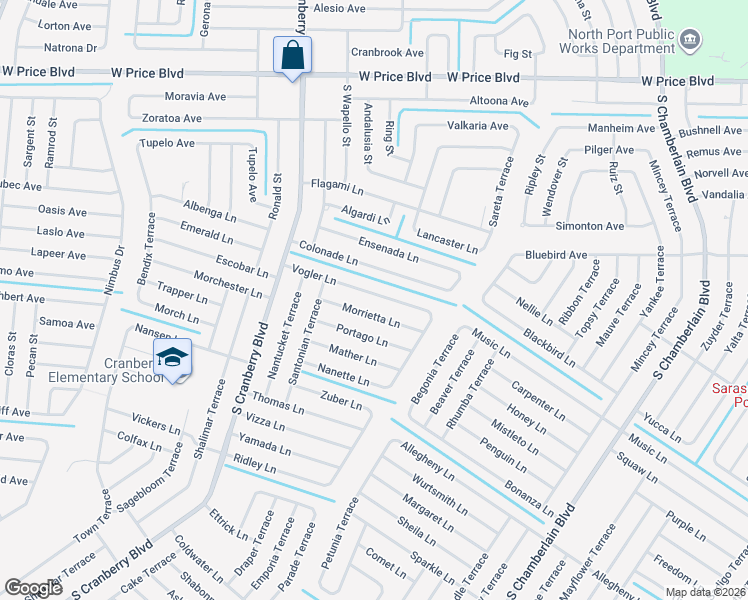 map of restaurants, bars, coffee shops, grocery stores, and more near 2645 Vogler Lane in North Port