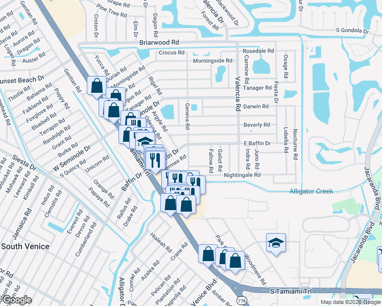 map of restaurants, bars, coffee shops, grocery stores, and more near 3155 Geneva Road in Venice