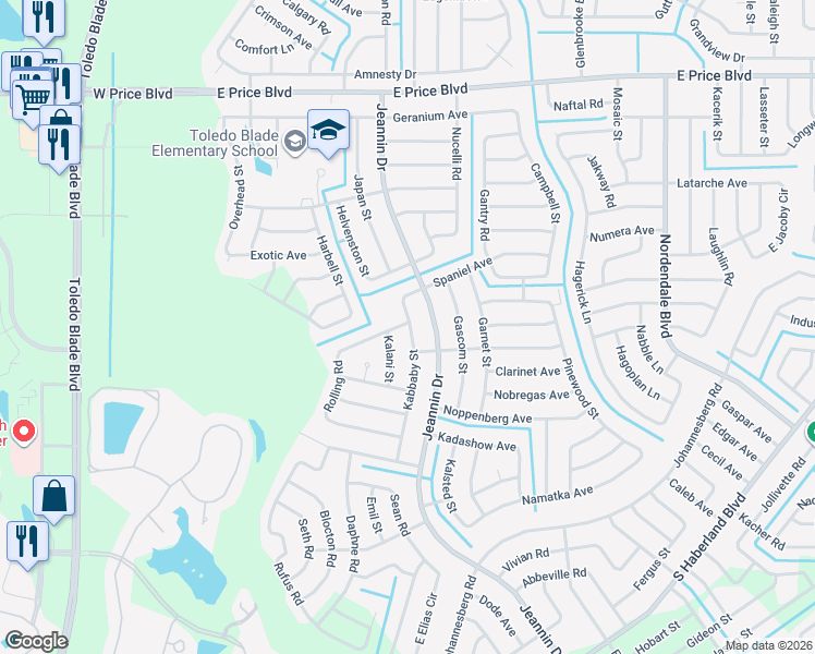 map of restaurants, bars, coffee shops, grocery stores, and more near 2197 Rolling Road in North Port