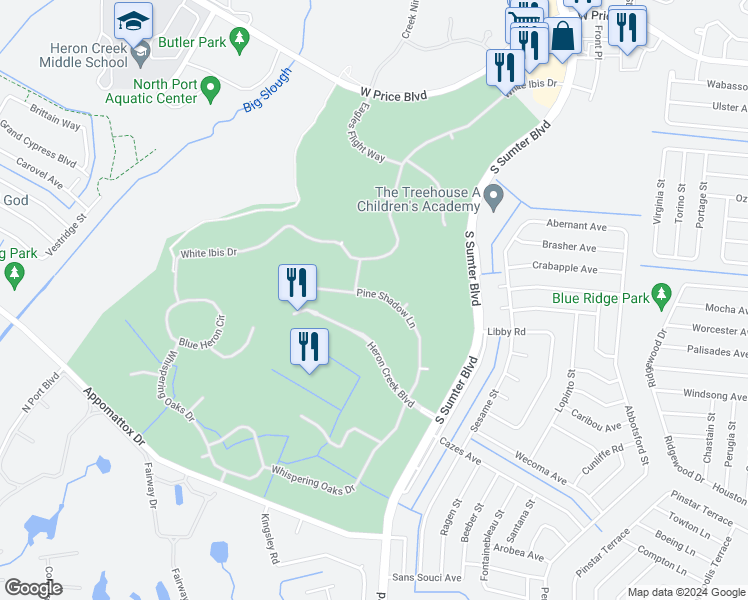 map of restaurants, bars, coffee shops, grocery stores, and more near 5267 Pine Shadow Lane in North Port