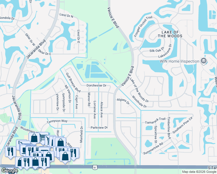 map of restaurants, bars, coffee shops, grocery stores, and more near 311 Dorchester Drive in Venice