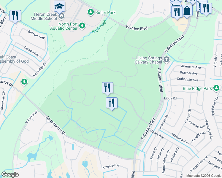 map of restaurants, bars, coffee shops, grocery stores, and more near 5341 Pine Shadow Lane in North Port
