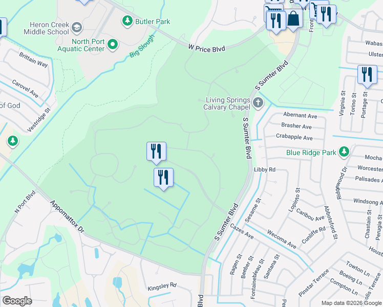 map of restaurants, bars, coffee shops, grocery stores, and more near 5297 Pine Shadow Lane in North Port