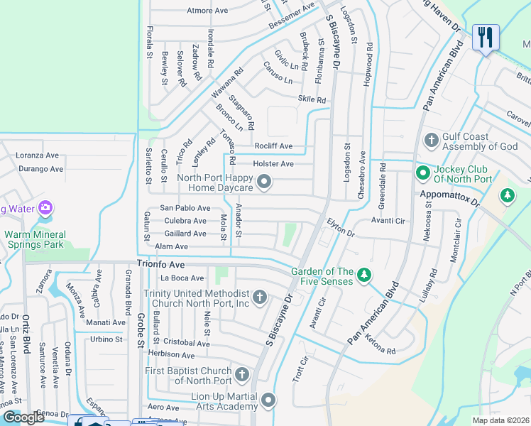 map of restaurants, bars, coffee shops, grocery stores, and more near 8210 Lombra Avenue in North Port