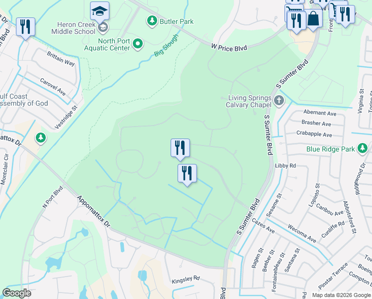 map of restaurants, bars, coffee shops, grocery stores, and more near 5341 Pine Shadow Lane in North Port