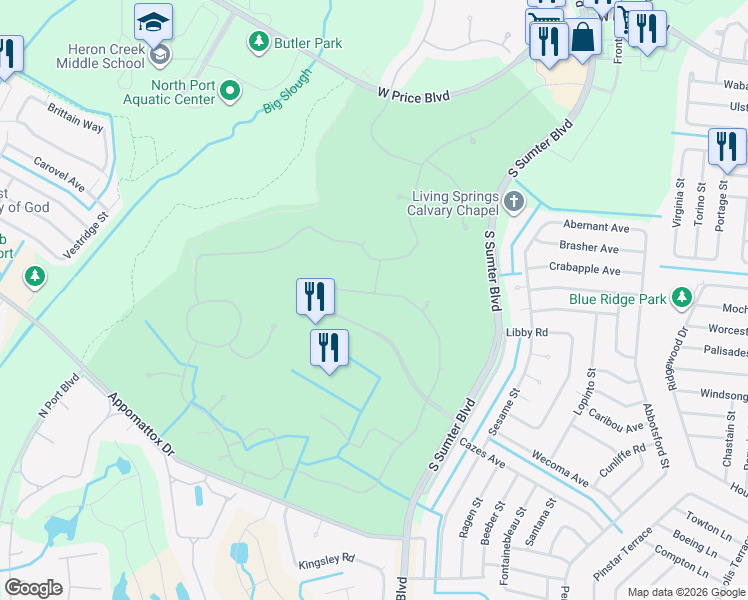map of restaurants, bars, coffee shops, grocery stores, and more near 5297 Pine Shadow Lane in North Port