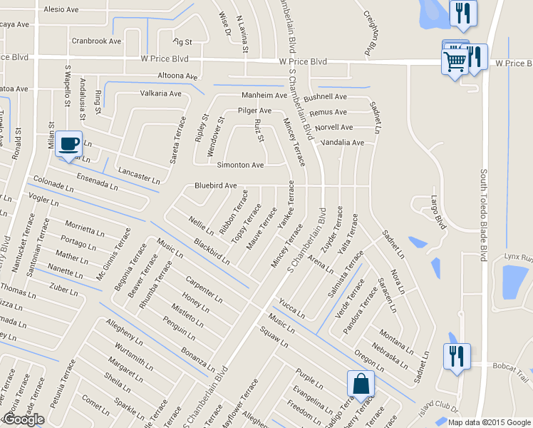 map of restaurants, bars, coffee shops, grocery stores, and more near 2133 Mauve Terrace in North Port