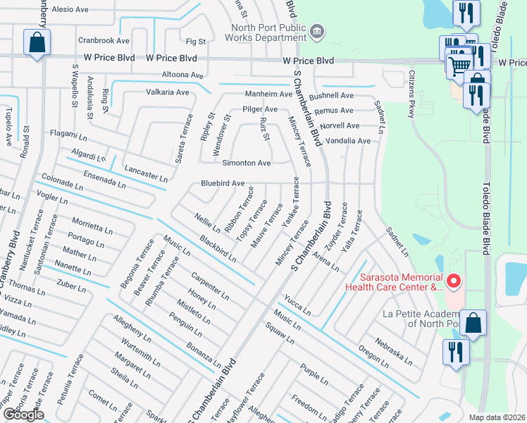 map of restaurants, bars, coffee shops, grocery stores, and more near 2133 Mauve Terrace in North Port